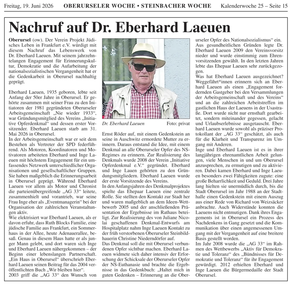 Nachruf auf Dr. Eberhard Laeuen, Oberurseler Woche, 19. Juni 2026, Seite 15
